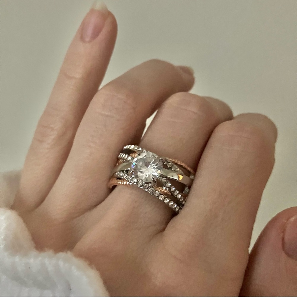 6 Shank Mixed Metals Glam Criss Cross Ring “Lorenzia” Engagement Statement Fashi